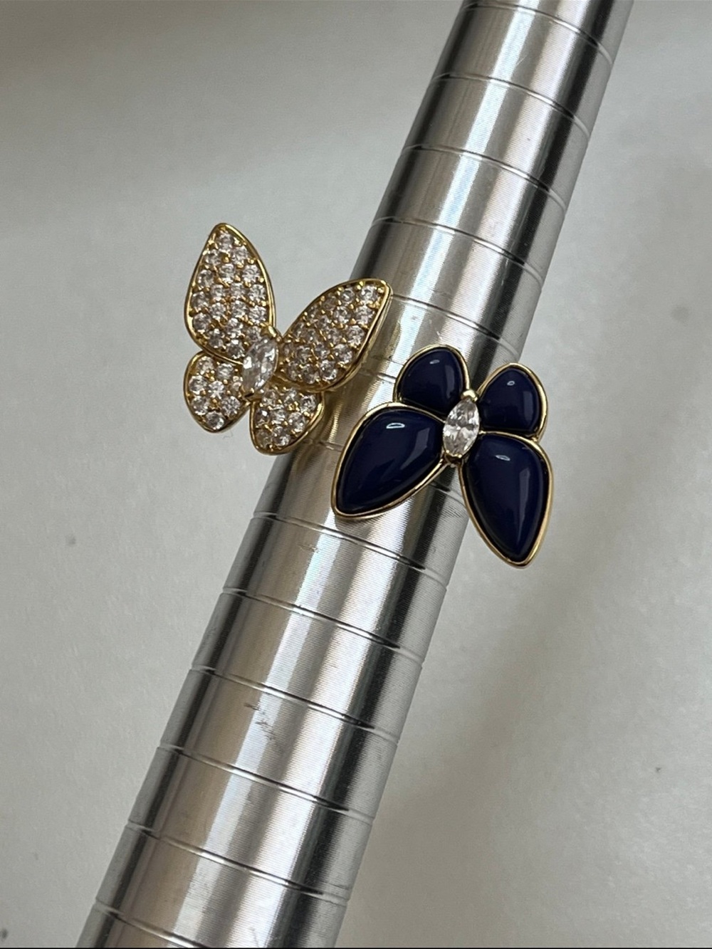 Double gold and blue rhinestone butterfly ring size 5 adjustable